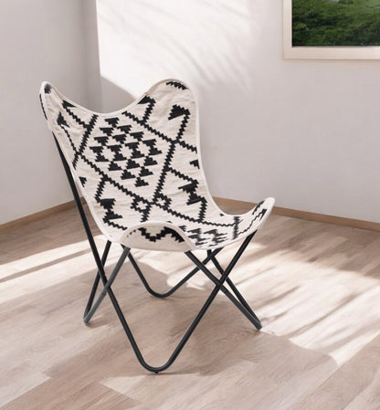 26" Beige And Black And Black Geometric Butterfly Chair