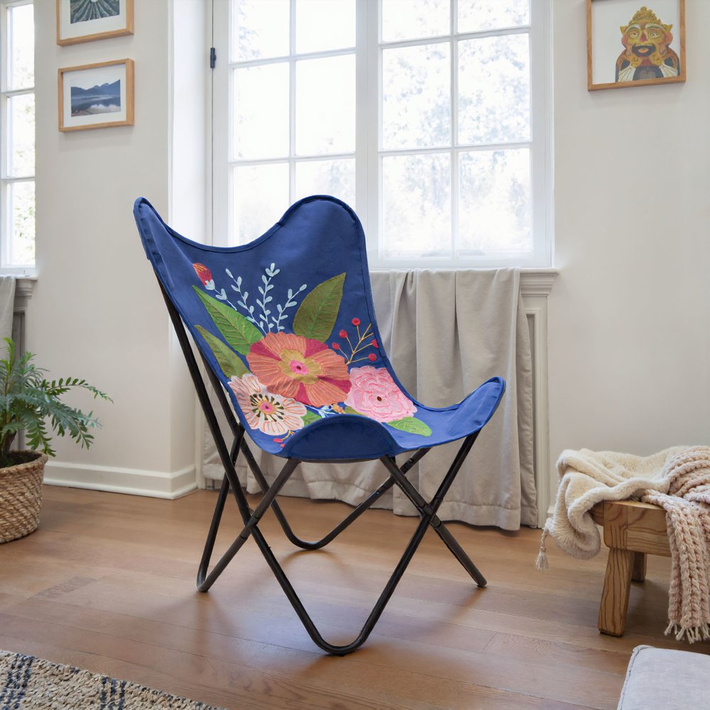 26" Blue And Black Tropical Butterfly Chair