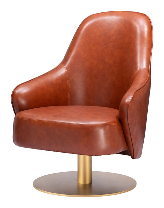 28" Brown And Gold Faux Leather And Faux Leather Swivel Arm Chair