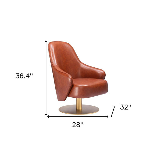 28" Brown And Gold Faux Leather And Faux Leather Swivel Arm Chair