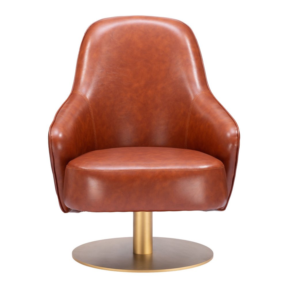 28" Brown And Gold Faux Leather And Faux Leather Swivel Arm Chair