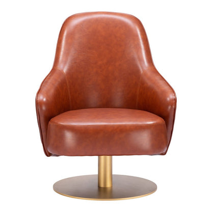 28" Brown And Gold Faux Leather And Faux Leather Swivel Arm Chair