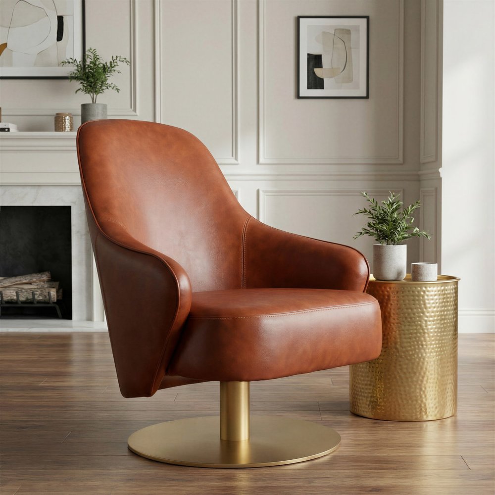 28" Brown And Gold Faux Leather And Faux Leather Swivel Arm Chair