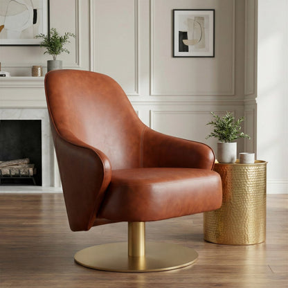 28" Brown And Gold Faux Leather And Faux Leather Swivel Arm Chair