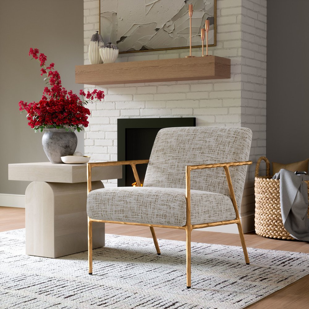 25" Beige And Gold Upholstered Arm Chair