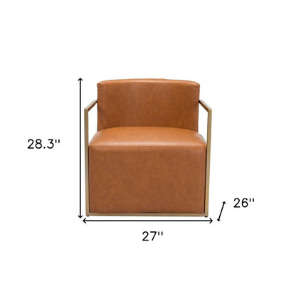 27" Brown And Gold Faux Leather And Faux Leather Arm Chair