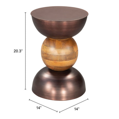 20" Bronze and Brown Iron and Solid Wood Round Pedestal End Table
