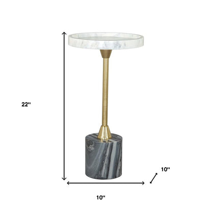 22" Gold Gray And White Marble And Iron Round Pedestal End Table