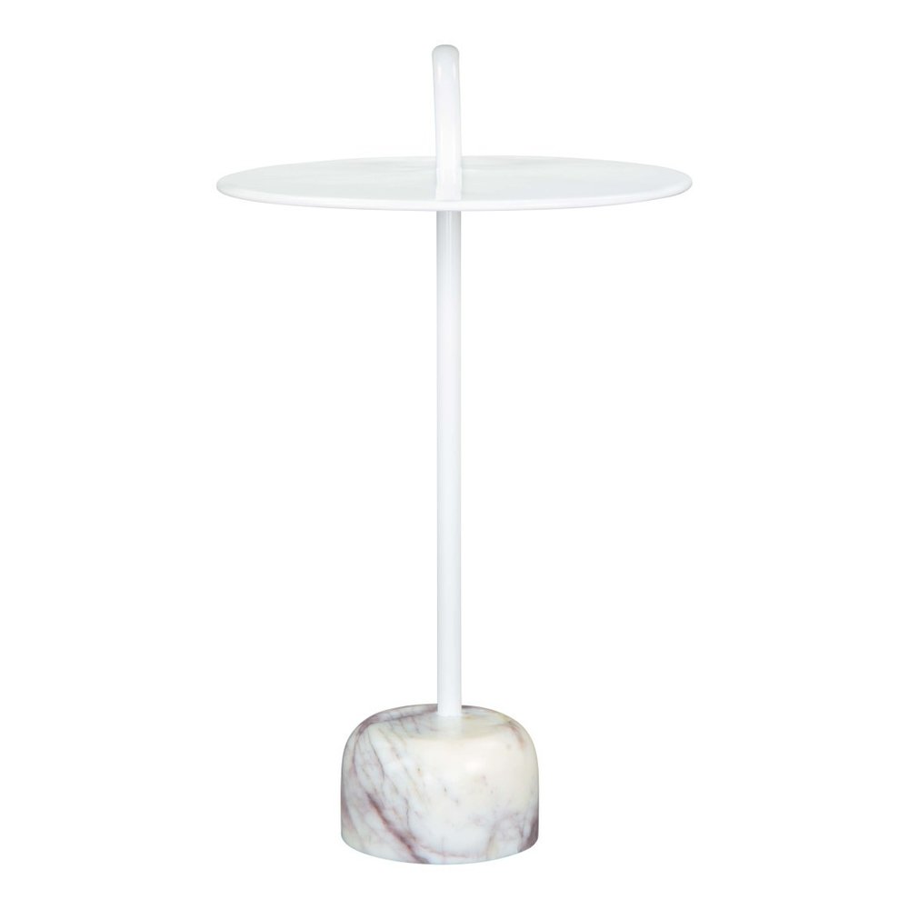 25" White Iron And Marble Round Pedestal End Table