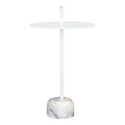 25" White Iron And Marble Round Pedestal End Table