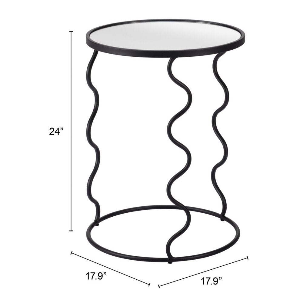 24" Black Mirrored Glass and Steel Round Abstract End Table