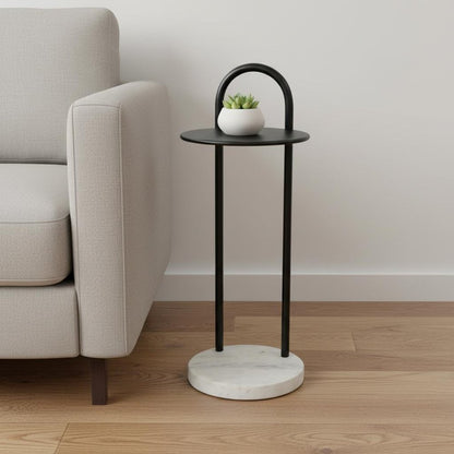 22" Black And White Iron And Marble Round C Table End Table