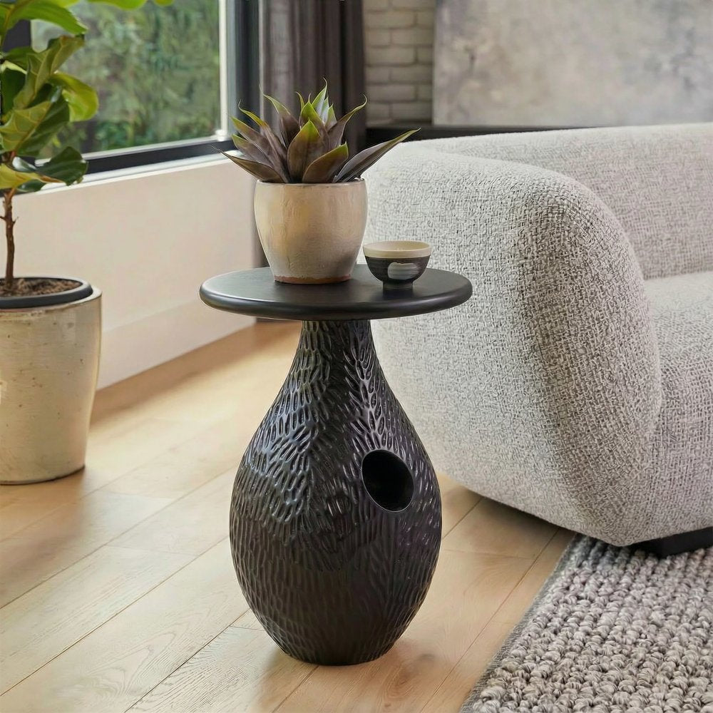 20" Black Solid Wood Round Pedestal End Table