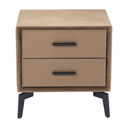20" Brown and Black Velvet Wood and Steel End Table With Two Drawers