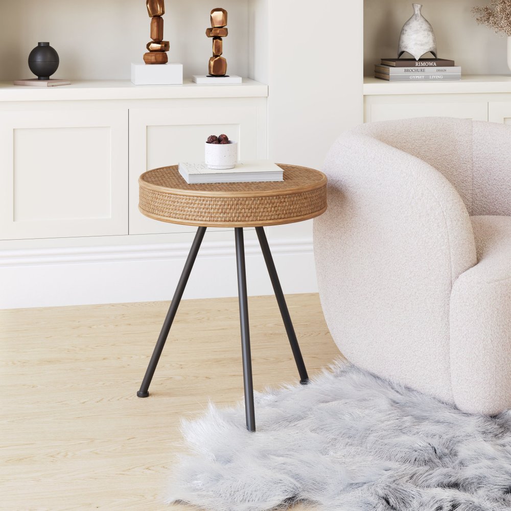 23" Natural and Gray Rattan and Steel Round End Table