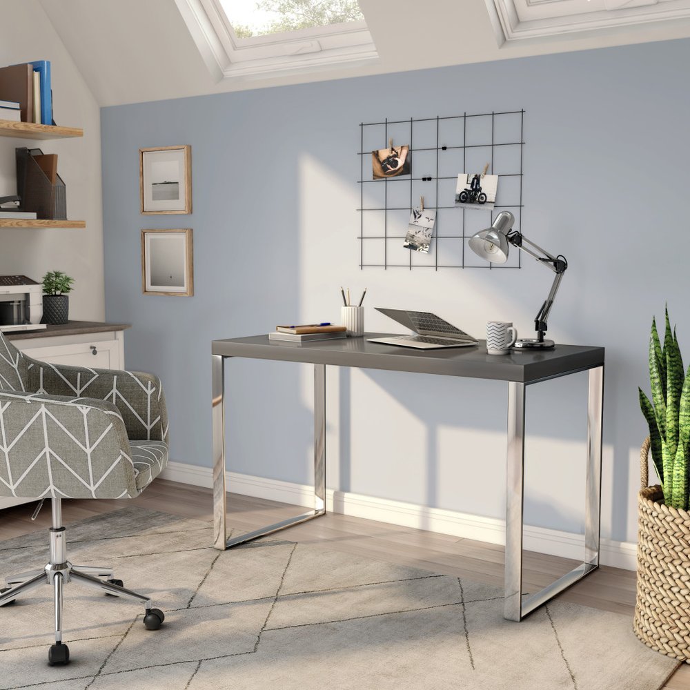 47" Gray and Silver Wood and Stainless Steel Sled Writing Desk