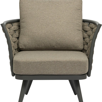 32" Gray And Taupe Woven Aluminum Outdoor Arm Chair with Taupe Cushion