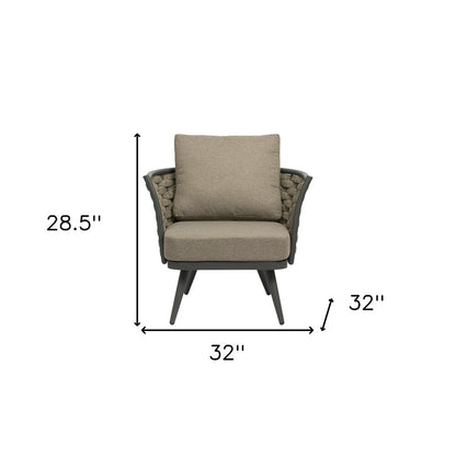 32" Gray And Taupe Woven Aluminum Outdoor Arm Chair with Taupe Cushion