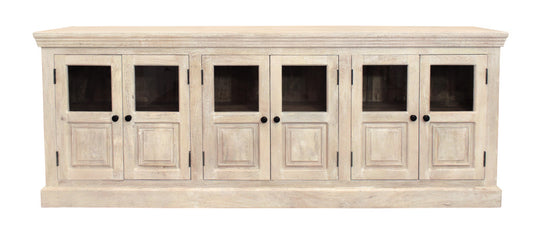 93" White Solid Wood Distressed Sideboard with Six Glass Doors