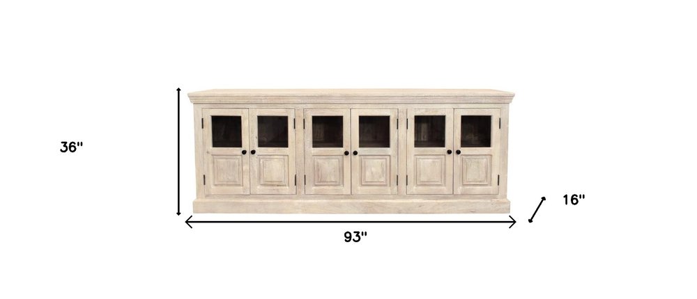 93" Antiqued White Distressed Solid Wood Sideboard with Six Glass Doors