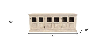 93" Antiqued White Distressed Solid Wood Sideboard with Six Glass Doors