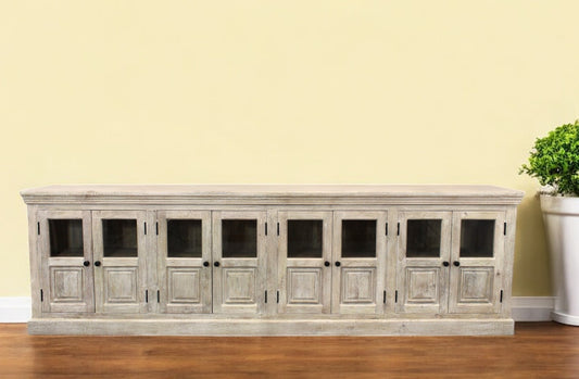 118" White Solid Wood Distressed Sideboard with 8 Glass Doors