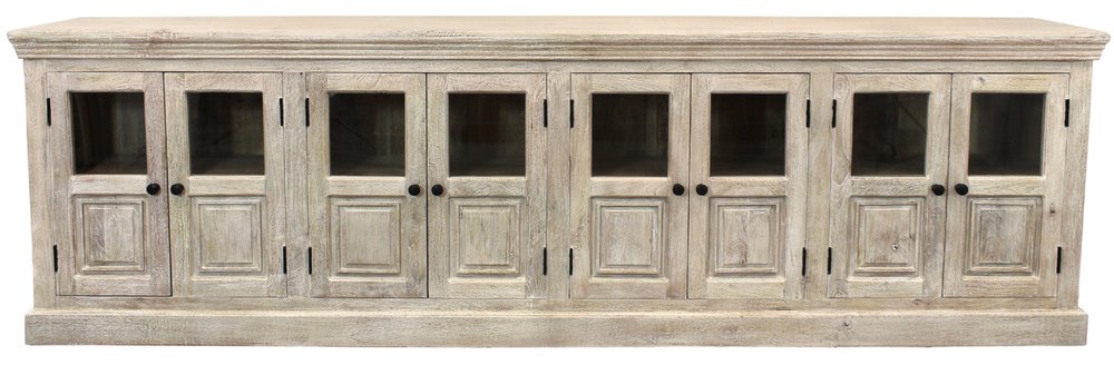 118" Antiqued White Distressed Solid Wood Sideboard with 8 Glass Doors