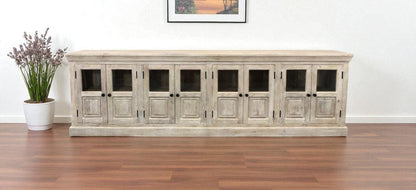 118" Antiqued White Distressed Solid Wood Sideboard with 8 Glass Doors