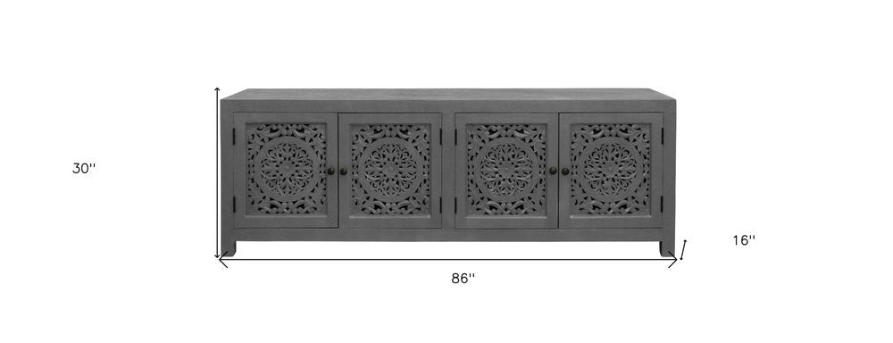 86" Dark Gray Carved Floral Distressed Solid Wood Enclosed Storage TV Stand