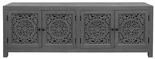 86" Dark Gray Carved Floral Distressed Solid Wood Enclosed Storage TV Stand