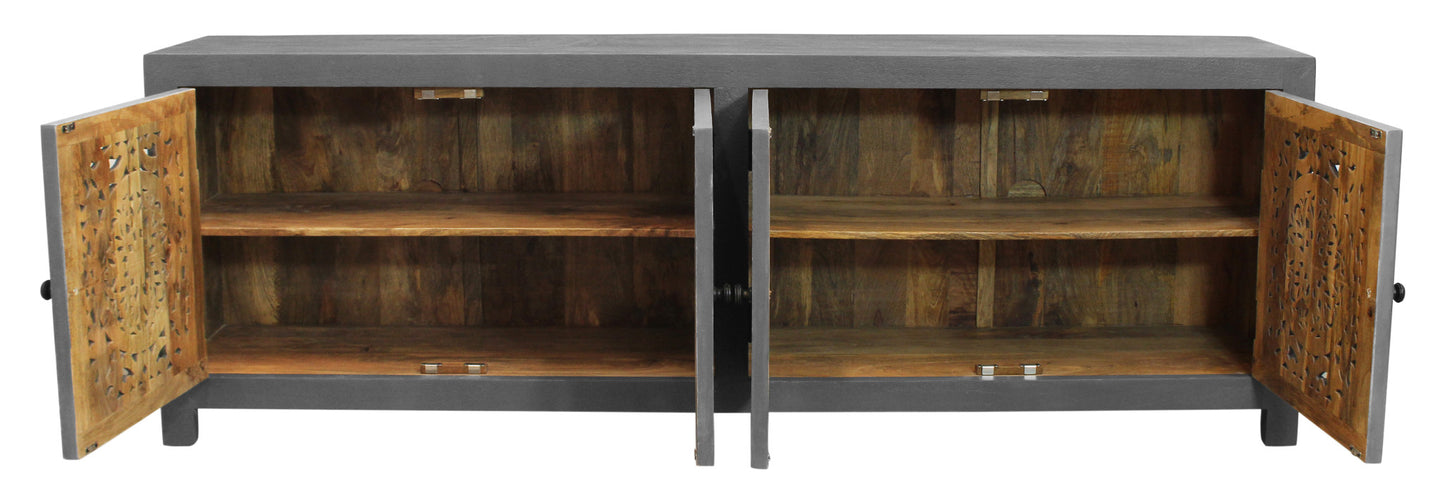 86" Dark Gray Carved Floral Distressed Solid Wood Enclosed Storage TV Stand