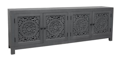 86" Dark Gray Carved Floral Distressed Solid Wood Enclosed Storage TV Stand