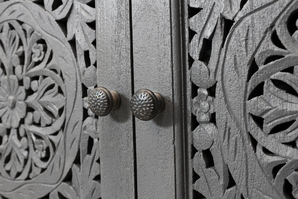 86" Dark Gray Carved Floral Distressed Solid Wood Enclosed Storage TV Stand