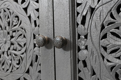 86" Dark Gray Carved Floral Distressed Solid Wood Enclosed Storage TV Stand