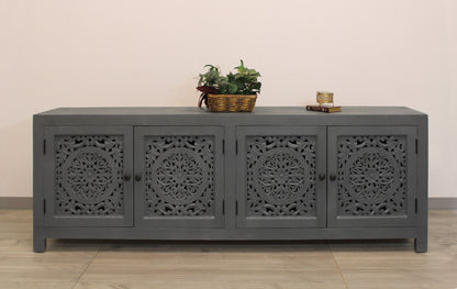 86" Dark Gray Carved Floral Distressed Solid Wood Enclosed Storage TV Stand