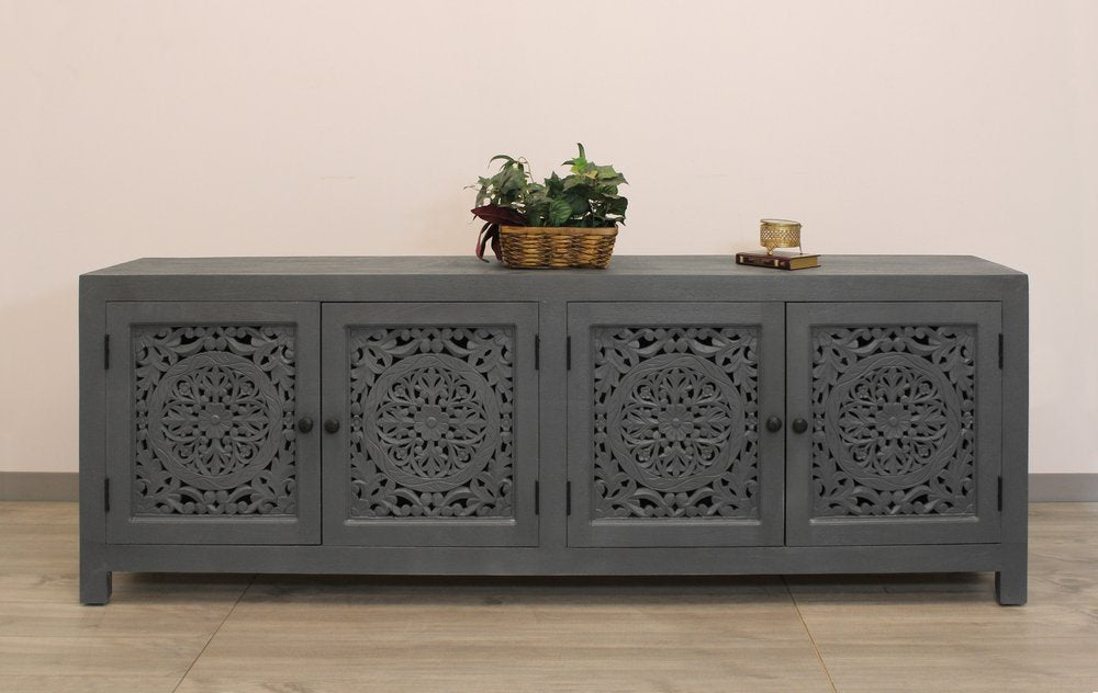 86" Dark Gray Carved Floral Distressed Solid Wood Enclosed Storage TV Stand