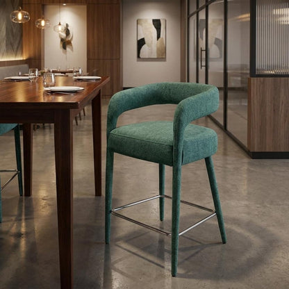 25" Teal Blue Fabric And Metal Low Back Counter Height Bar Chair