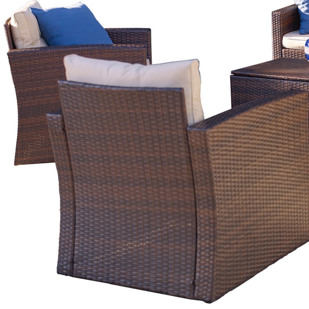 Five Piece Outdoor Dark Brown Wicker Sofa Seating Group with Beige Cushions