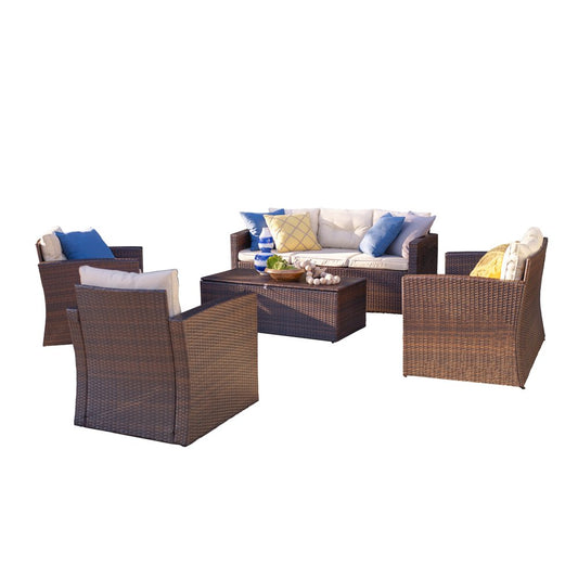Five Piece Outdoor Dark Brown Wicker Sofa Seating Group with Beige Cushions