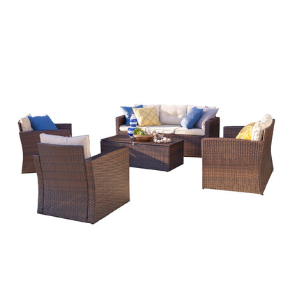 Five Piece Outdoor Dark Brown Wicker Sofa Seating Group with Beige Cushions