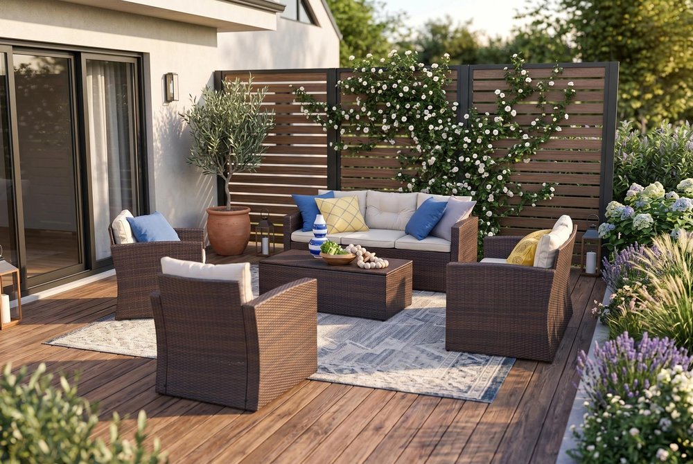 Five Piece Outdoor Dark Brown Wicker Sofa Seating Group with Beige Cushions