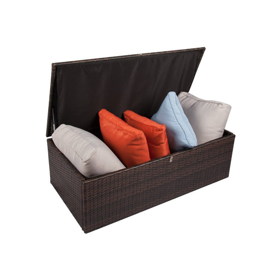 Five Piece Outdoor Dark Brown Wicker Sofa Seating Group with Beige Cushions