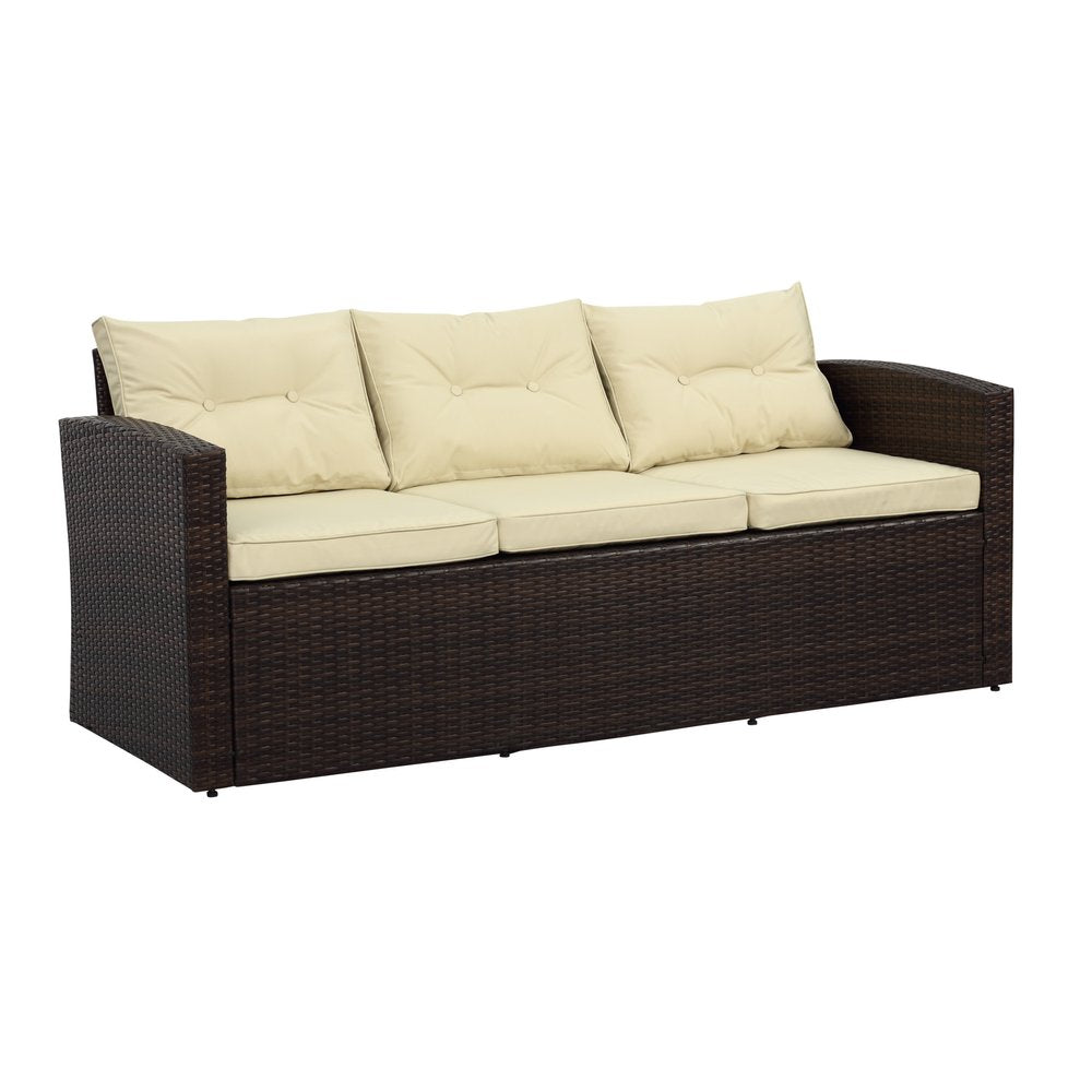 Five Piece Outdoor Dark Brown Wicker Sofa Seating Group with Beige Cushions