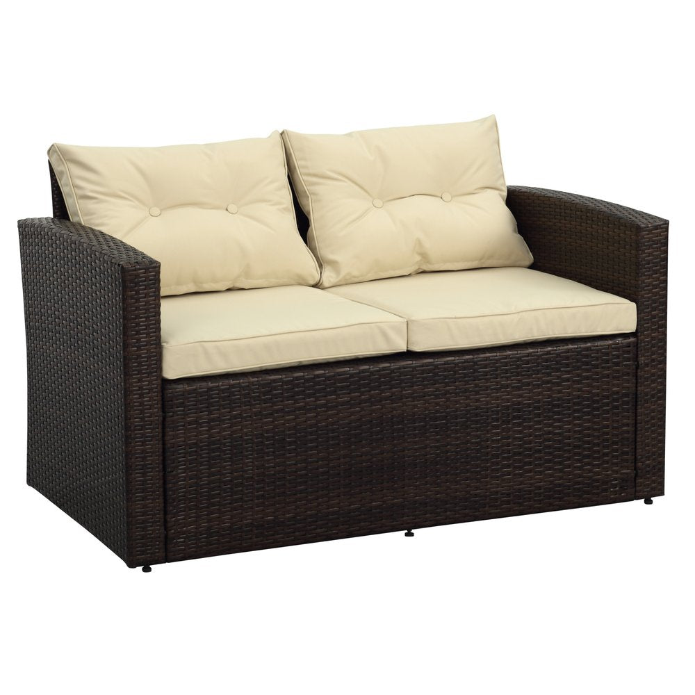 Five Piece Outdoor Dark Brown Wicker Sofa Seating Group with Beige Cushions