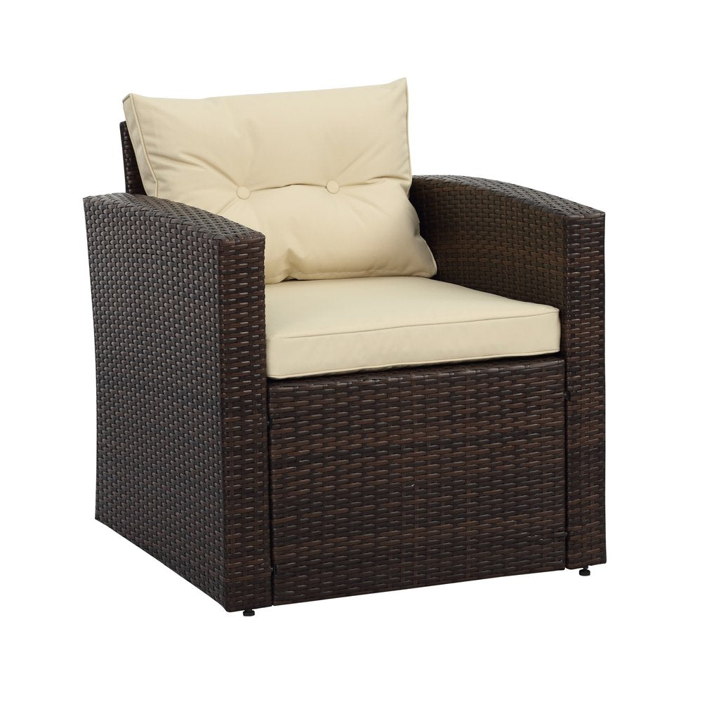 Five Piece Outdoor Dark Brown Wicker Sofa Seating Group with Beige Cushions