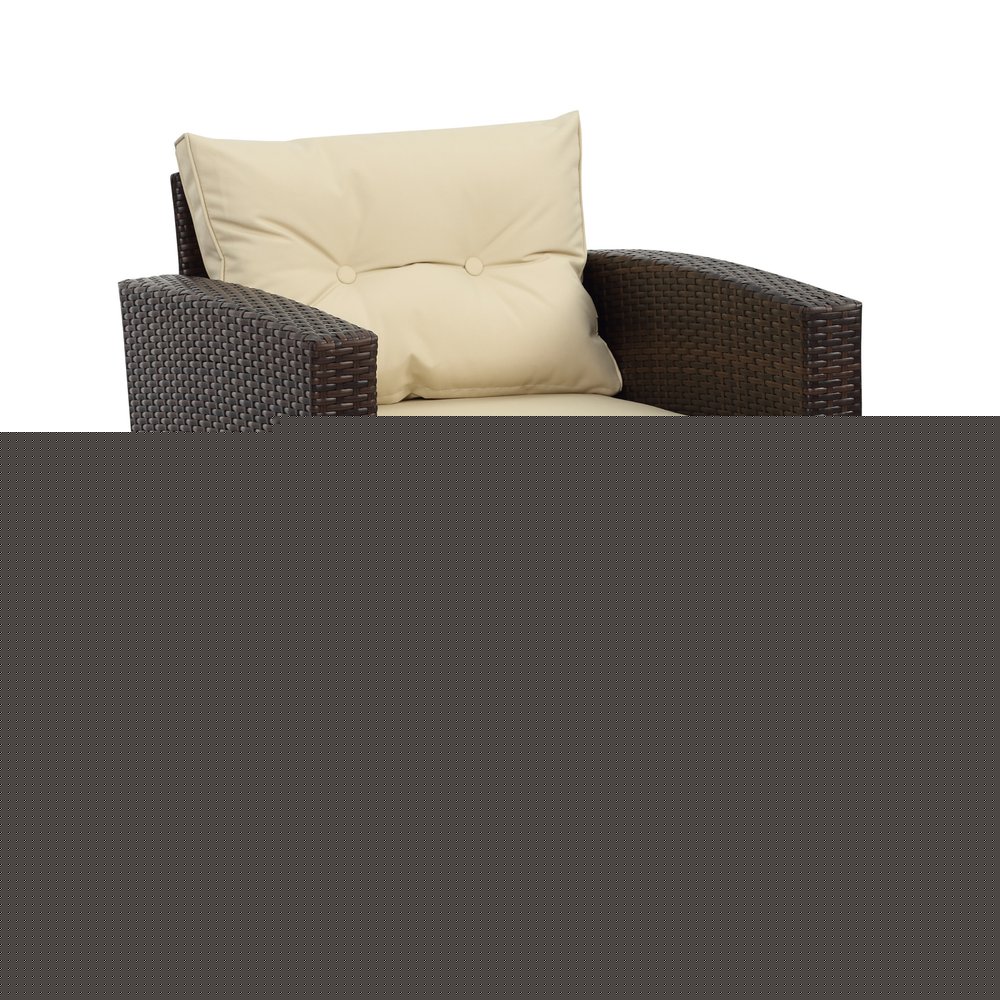 Five Piece Outdoor Dark Brown Wicker Sofa Seating Group with Beige Cushions