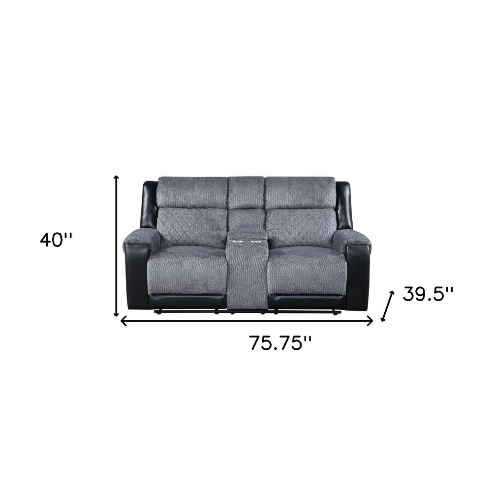76" Gray and Black Faux Leather and Microfiber Manual Reclining Loveseat With Storage
