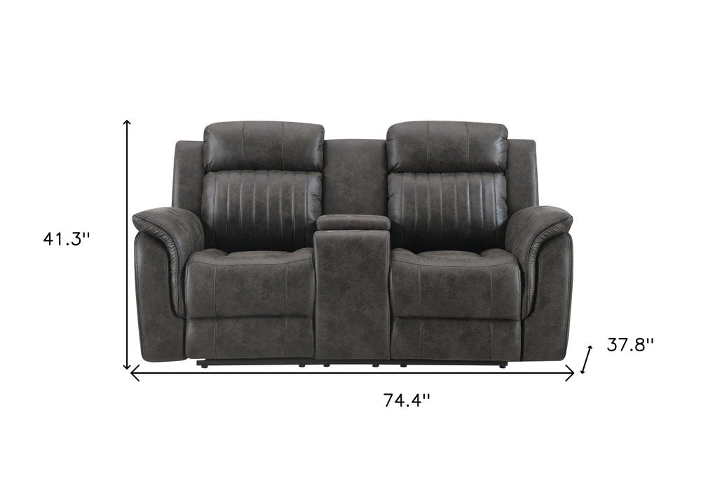 74" Gray Faux Leather Manual Reclining Loveseat With Storage