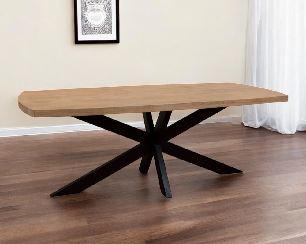 82" Natural And Black Solid Wood And Iron Pedestal Base Dining Table