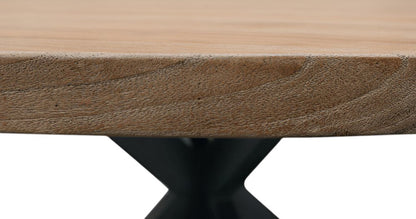 72" Natural And Black Rounded Solid Wood And Iron Pedestal Base Dining Table